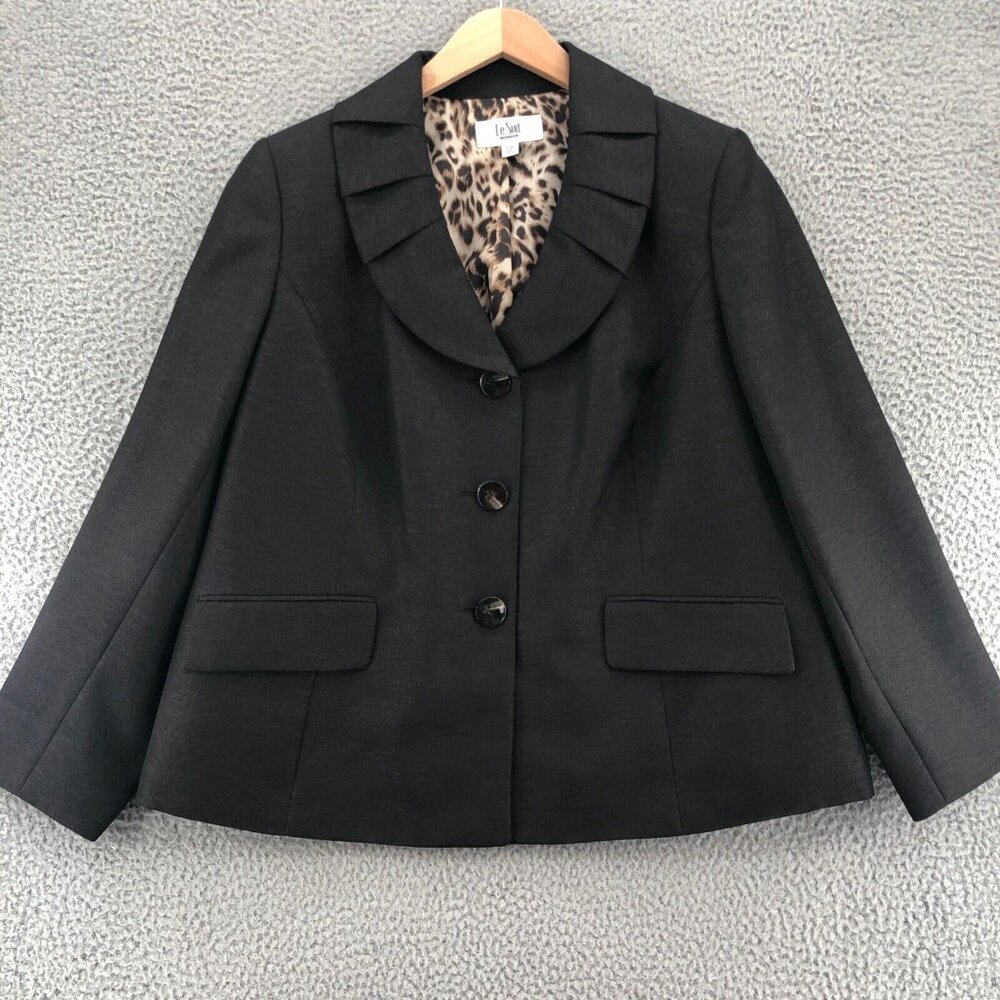 Le Suit Blazer Womens 16W Plus Brown Glitter Pleated Collar Button Office Career